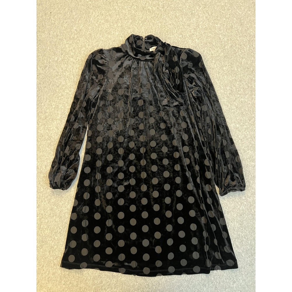 Calvin Klein Dressโ Womens 6 Black Velvet Polka Dot Shift Long Sleeve Bow Neck